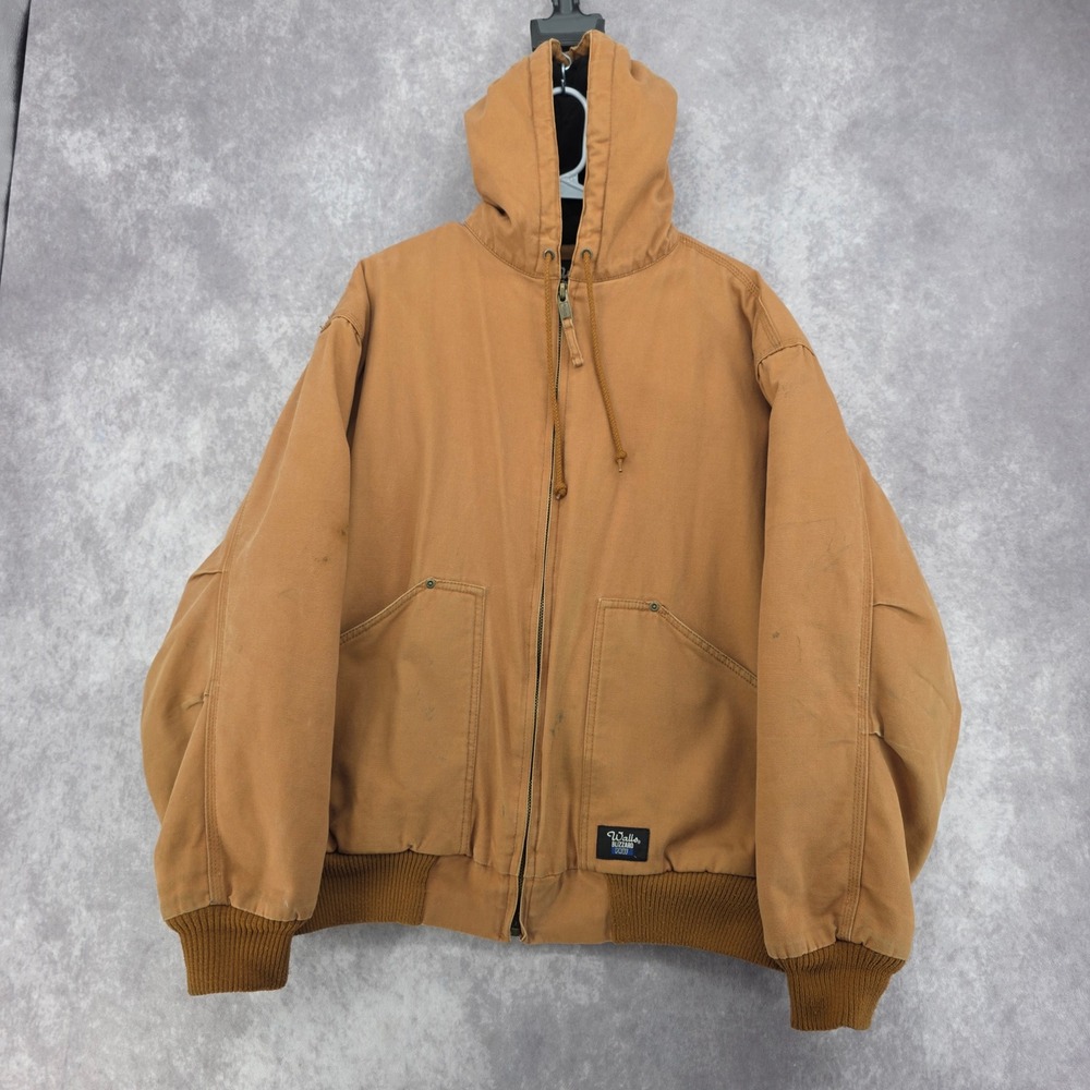 Walls Blizzard Pruf Hooded Work Jacket Brown Duck Canvas Quilted Lined XL Reg